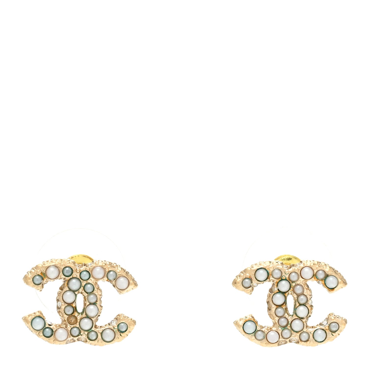Chanel Metal Graduated Pearl Crystal CC Earrings Light Gold 1 of 5