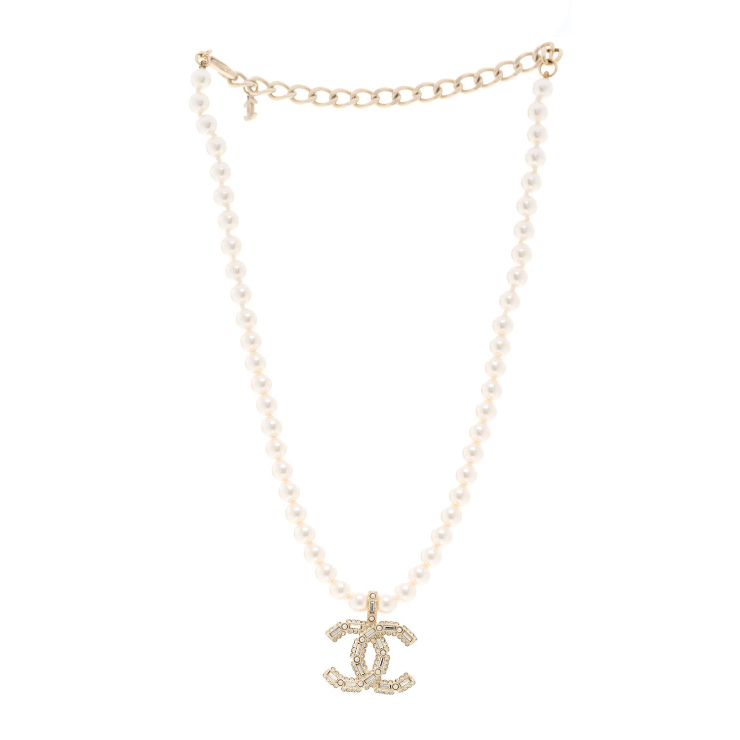 Chanel Pearl Crystal Baguette CC Short Necklace Gold 3 of 5