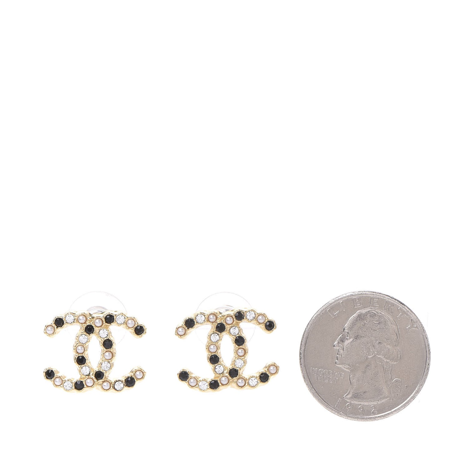 Resin Pearl Crystal CC Earrings Gold Black