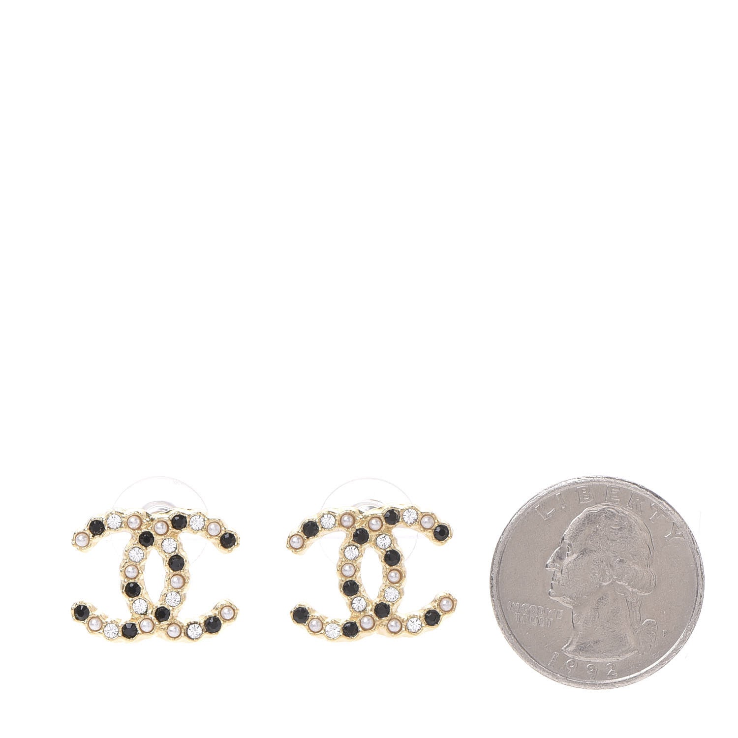 Chanel Resin Pearl Crystal CC Earrings Gold Black 2 of 5