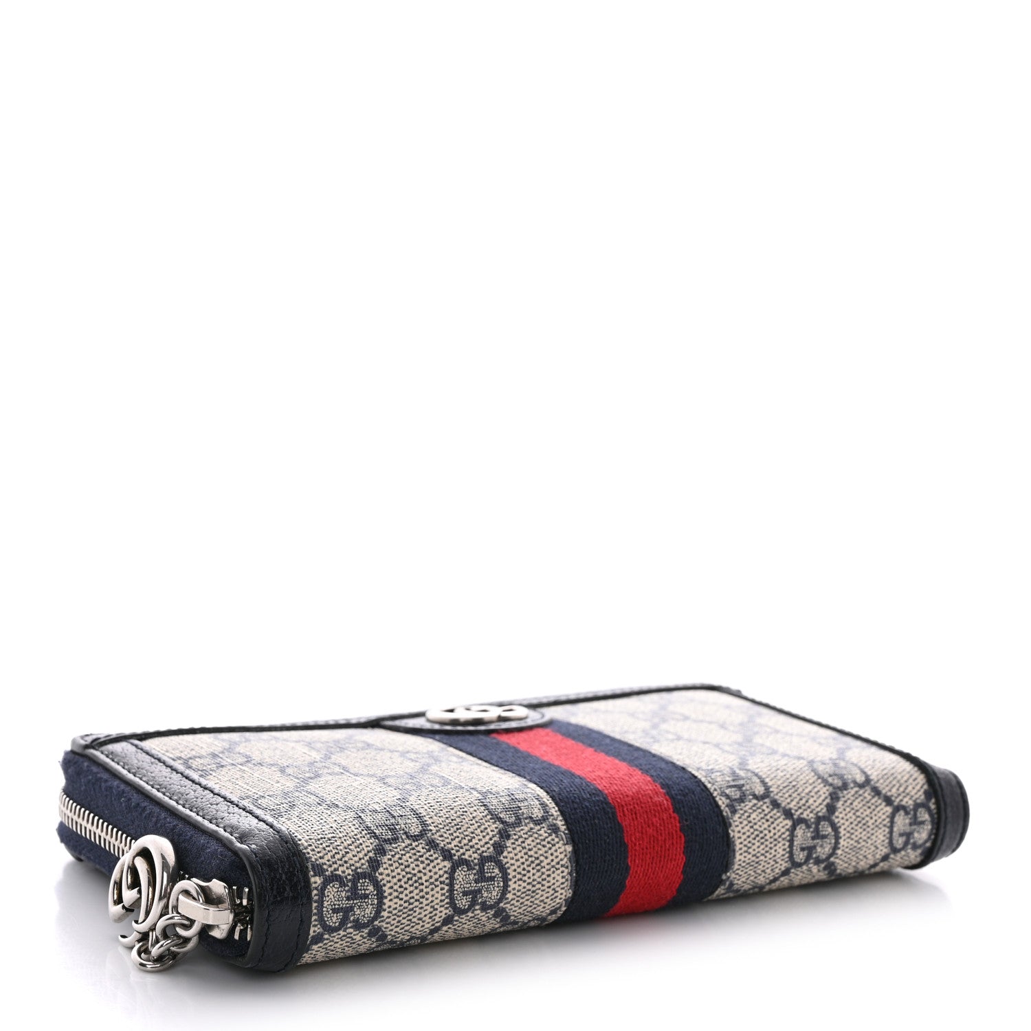 Gucci GG Supreme Monogram Textured Dollar Calfskin Web Ophidia Zip Around Wallet Beige Blue 4 of 11