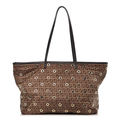 Fendi Nylon Zucchino Grommet Medium Roll Tote Mogano Panna Red Moro 1 of 8