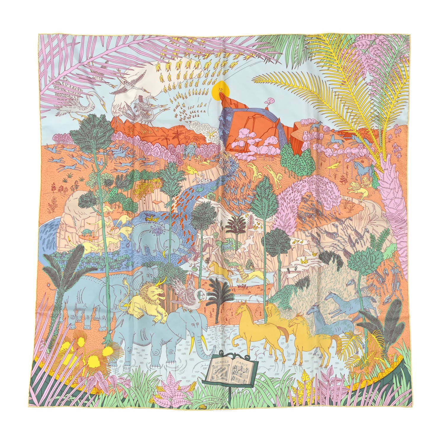 Hermes Silk Le Carnaval des Animaux Scarf 90 Aqua Vert Jaune 1 of 5