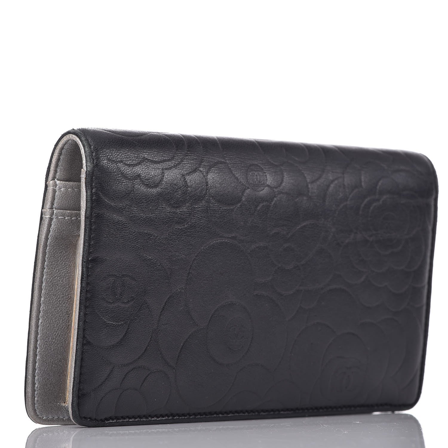 Chanel Lambskin Camellia Embossed Yen Wallet Black 3 of 14