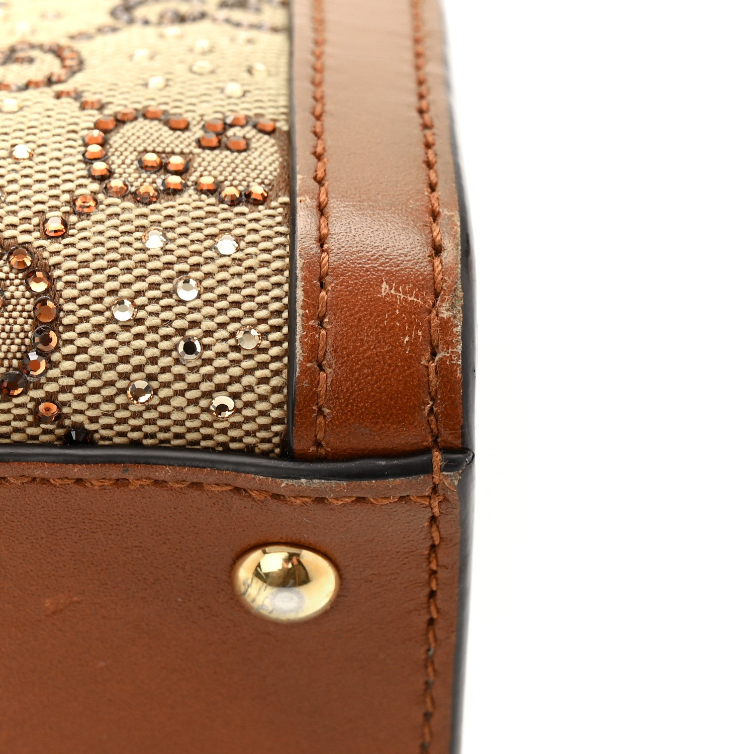 Gucci New Canvas Charisma Calfskin Crystal GG Monogram Mini Diana Tote Bag Camel Ebony 12 of 13