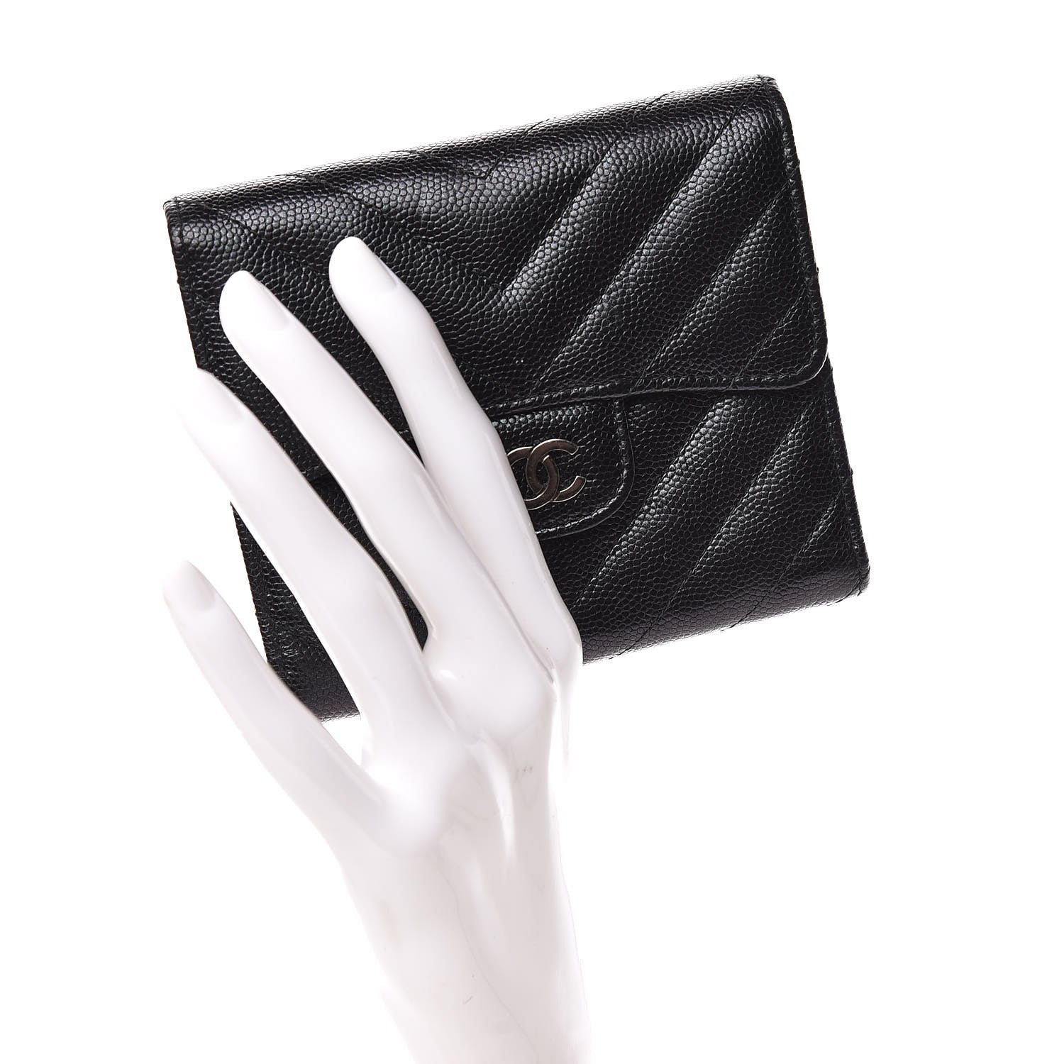Chanel Iridescent Caviar Chevron Quilted Compact Flap Wallet Black 2 of 10