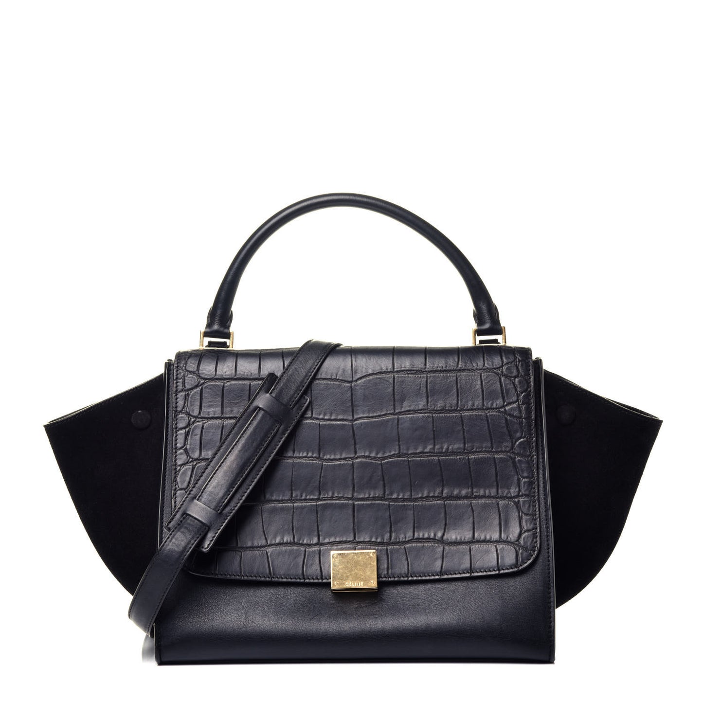Crocodile Embossed Calfskin Suede Medium Trapeze Black