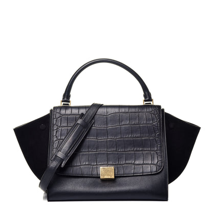 Celine Crocodile Embossed Calfskin Suede Medium Trapeze Black 1 of 10
