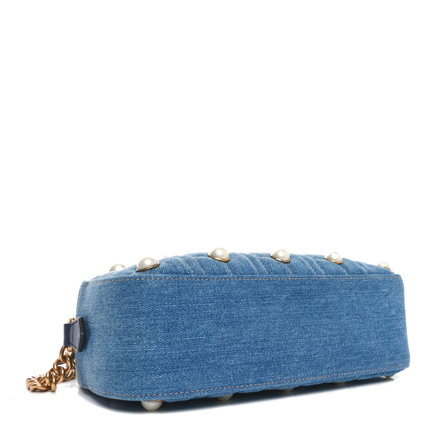Denim Matelasse Pearl Studded Small GG Marmont Chain Shoulder Bag Blue
