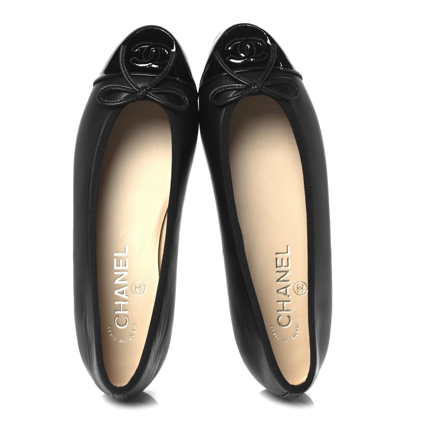 Lambskin Patent Cap Toe Ballerina Flats 38 Black