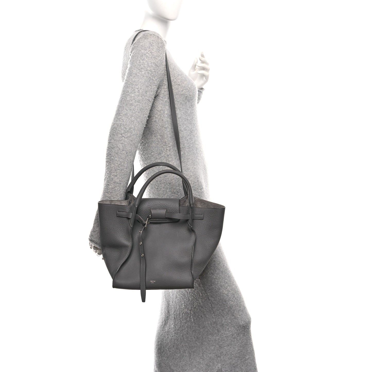 Supple Calfskin Long Strap Small Big Bag Grey