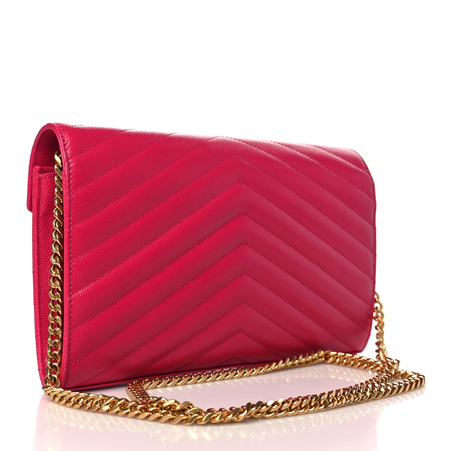 Saint Laurent Grain De Poudre Matelasse Chevron Monogram Chain Wallet Lipstick Fuchsia 3 of 9