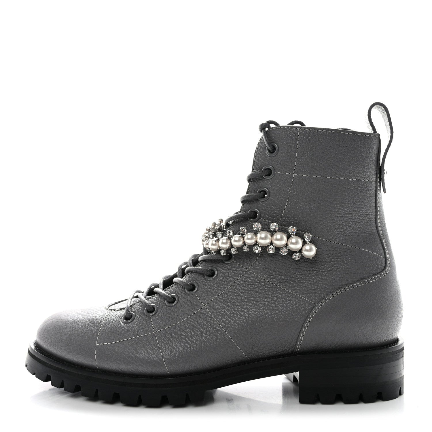 Jimmy Choo Grained Calfskin Crystal Embellished Cruz Combat Boots 37 Grey 1 of 7