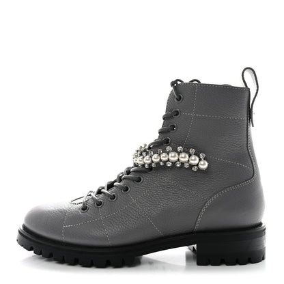 Jimmy Choo Grained Calfskin Crystal Embellished Cruz Combat Boots 37 Grey 1 of 7