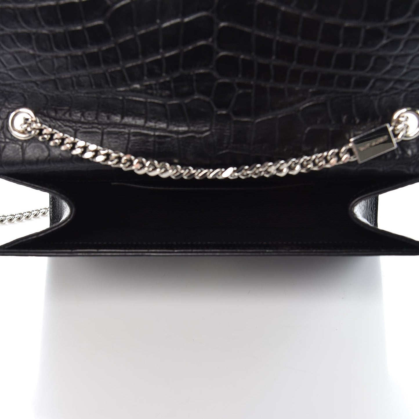 Calfskin Crocodile Embossed Medium Classic Monogram Kate Tassel Satchel Black