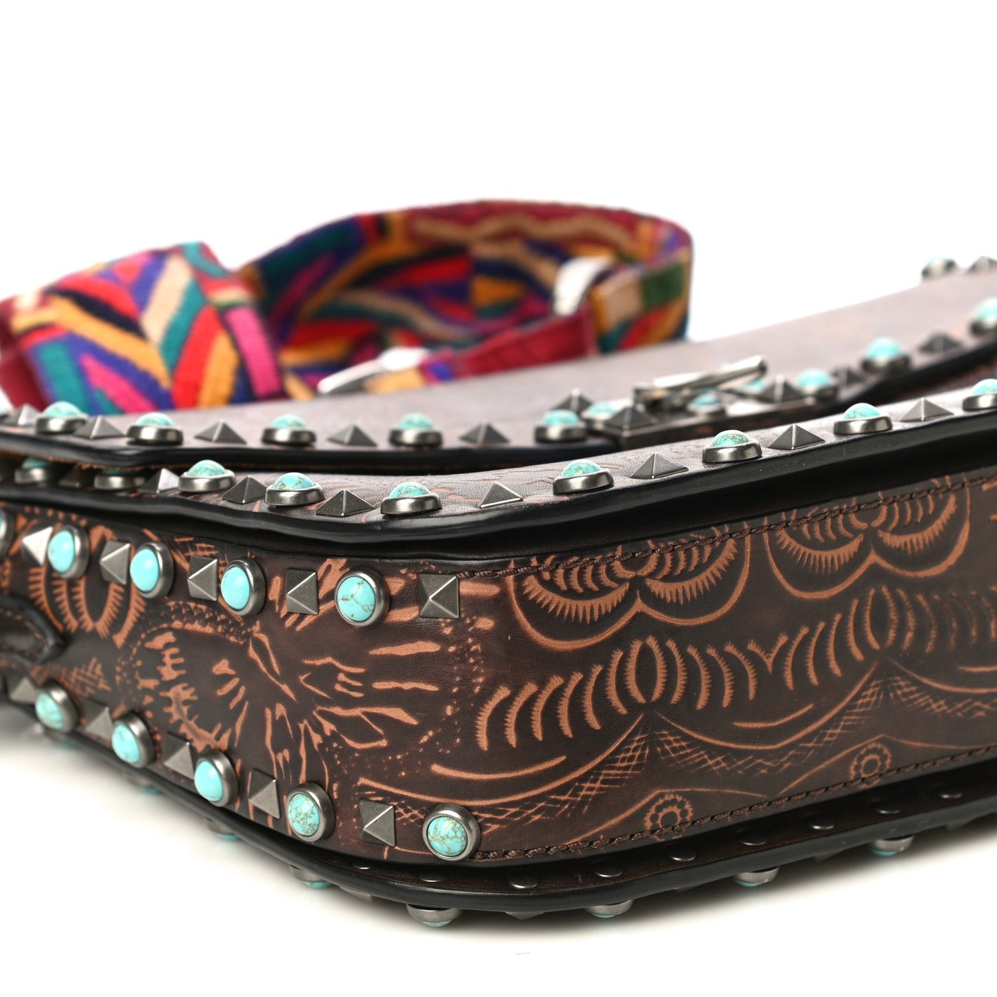 Calfskin Embossed Medium Guitar Strap Rockstud Rolling Flap Saddle Bag Brown