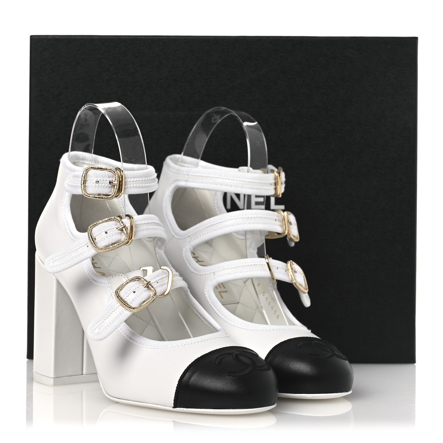 Chanel Lambskin Metal Mary Jane Pumps 37 White Black 1855610