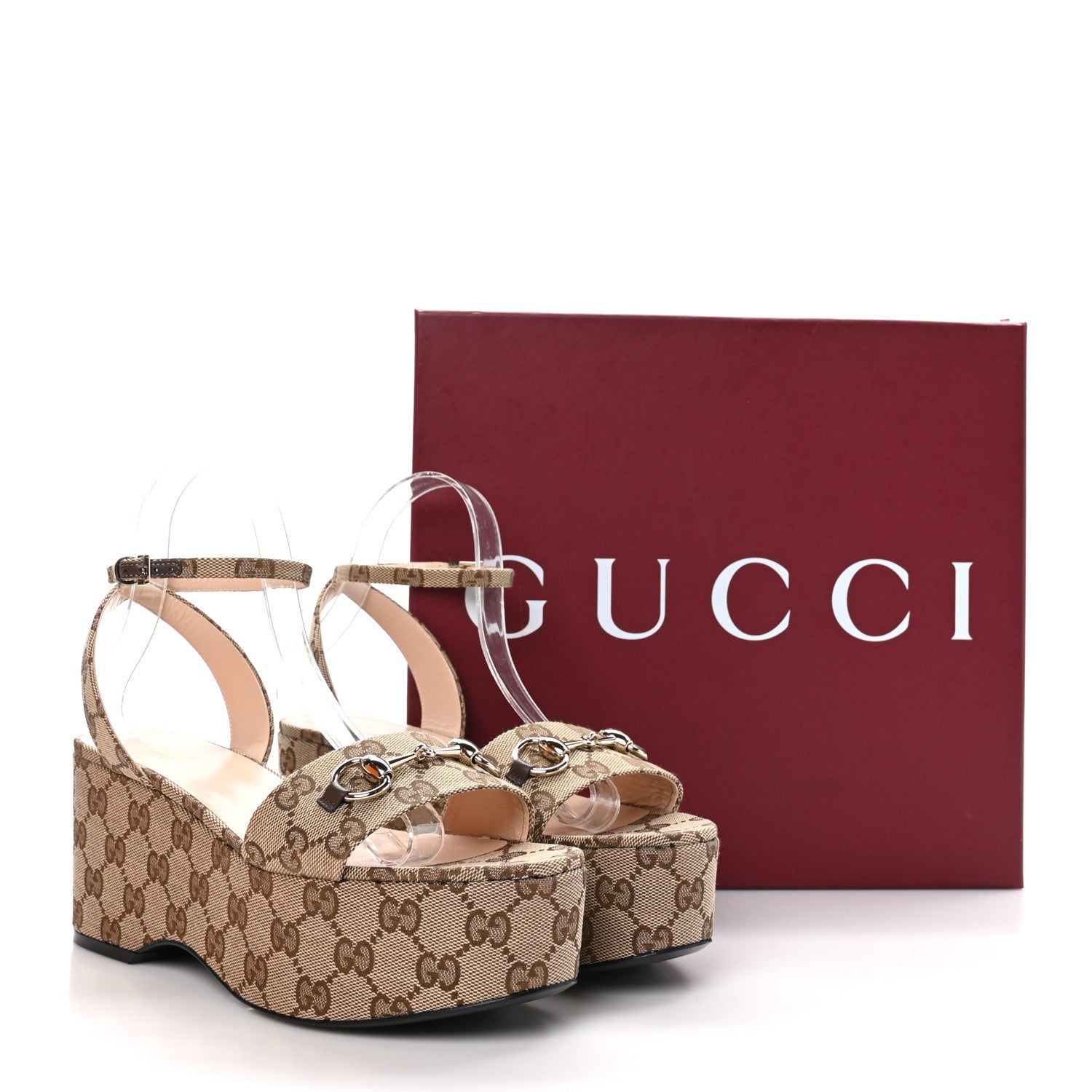 Gucci Monogram Nappa Chalotte Horsebit Ankle Strap 75mm Flatform Sandals 39 Beige Ebony 8 of 8