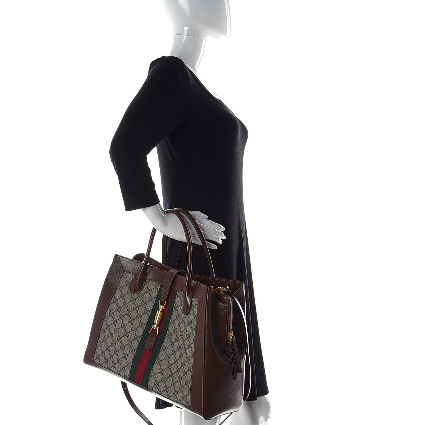 GG Supreme Monogram Azalea Calfskin Web Large Jackie 1961 Tote Beige Ebony Brown Sugar