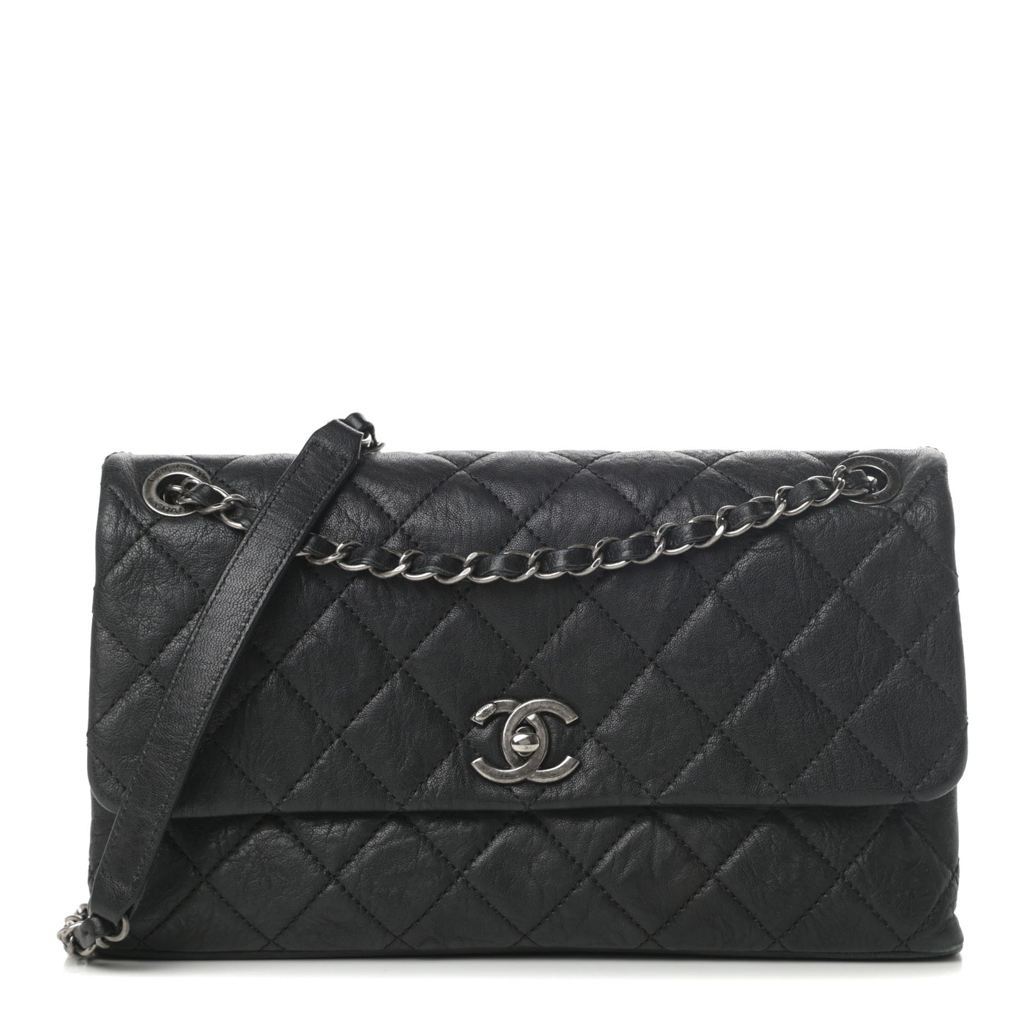 Crumpled Lambskin Quilted Medium Single Flap Black
