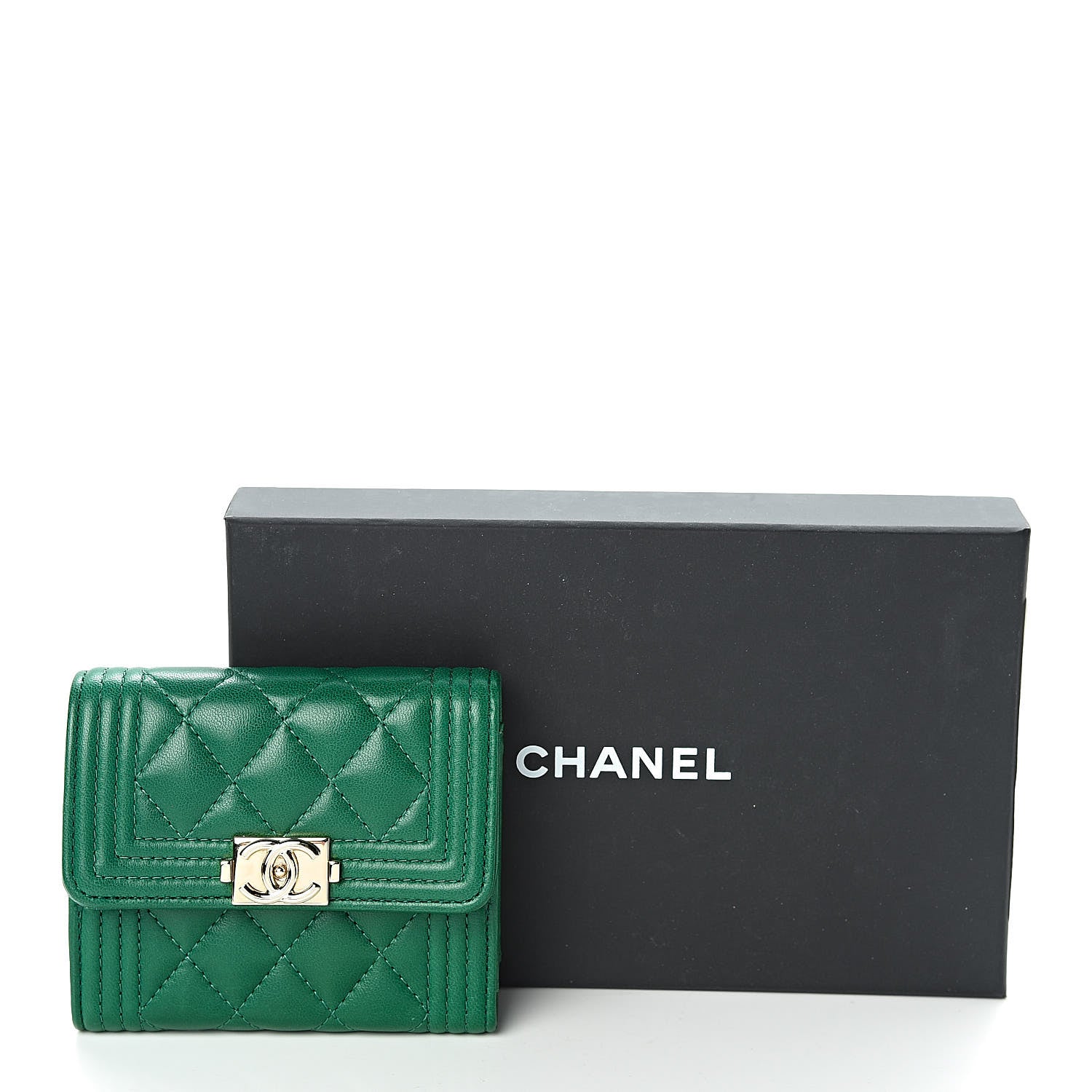 Chanel Lambskin Quilted Compact Boy Wallet Green 9 of 9