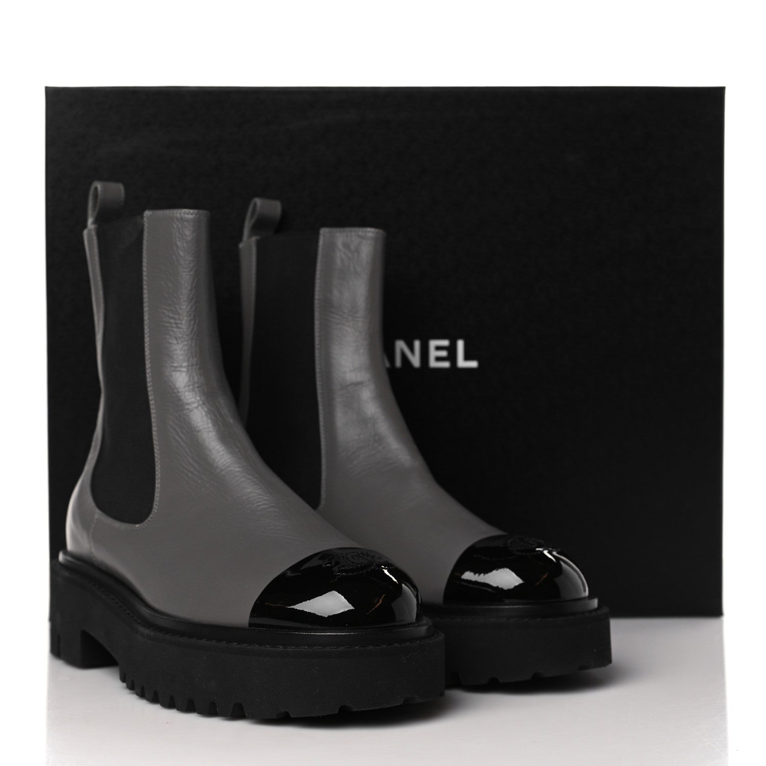 Chanel Crumpled Calfskin Patent Cap Toe Short Boots 36.5 Dark Grey Black 9 of 9