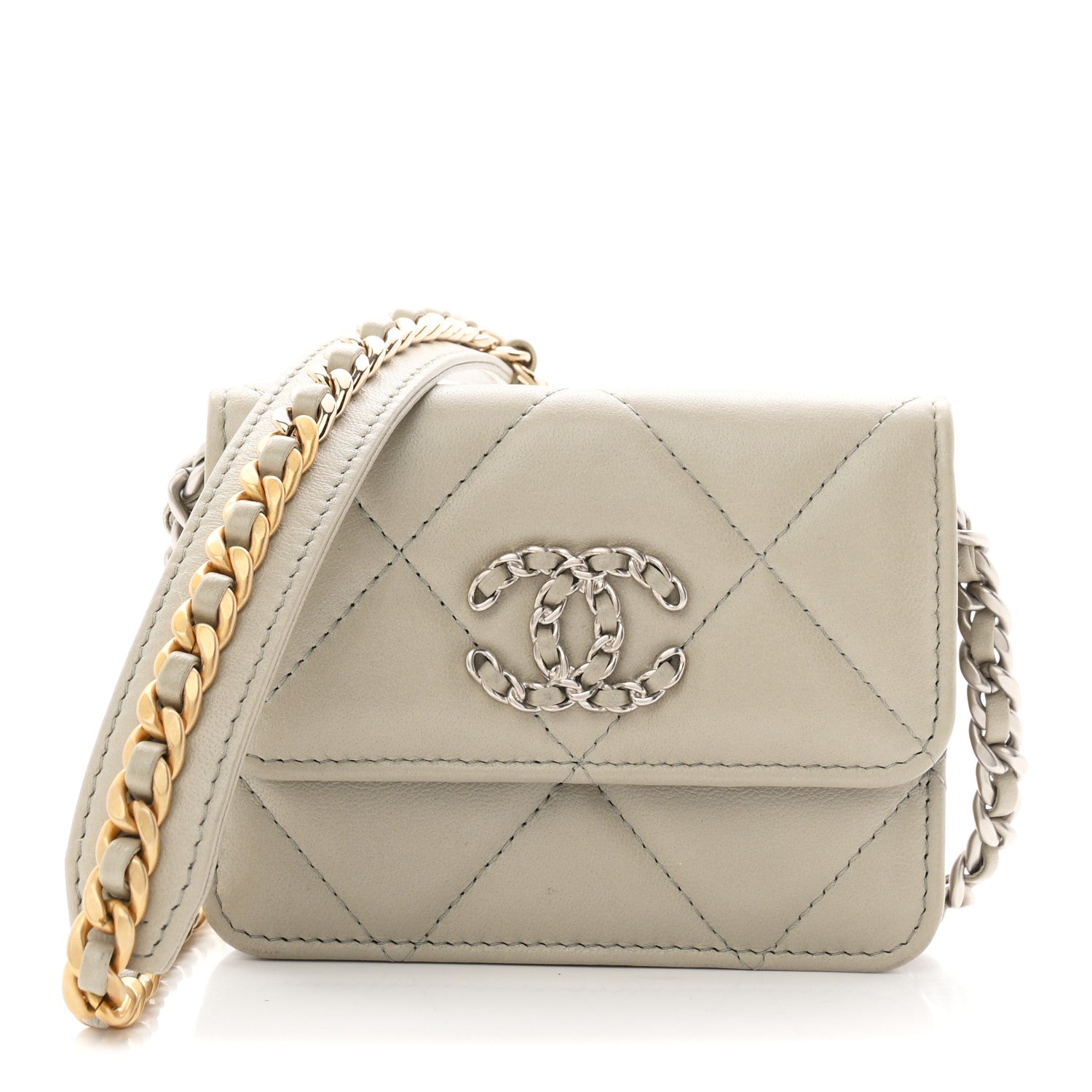 Chanel Lambskin Quilted Chanel 19 Flap Coin Purse With Chain Grey 1 of 12