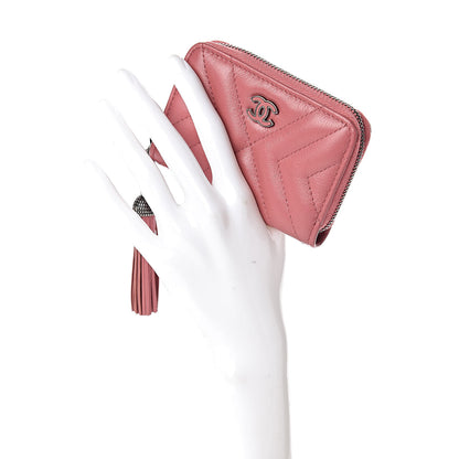 Chanel Calfskin Chevron Quilted Tassel Zip Around Coin Purse Pink 2 of 8
