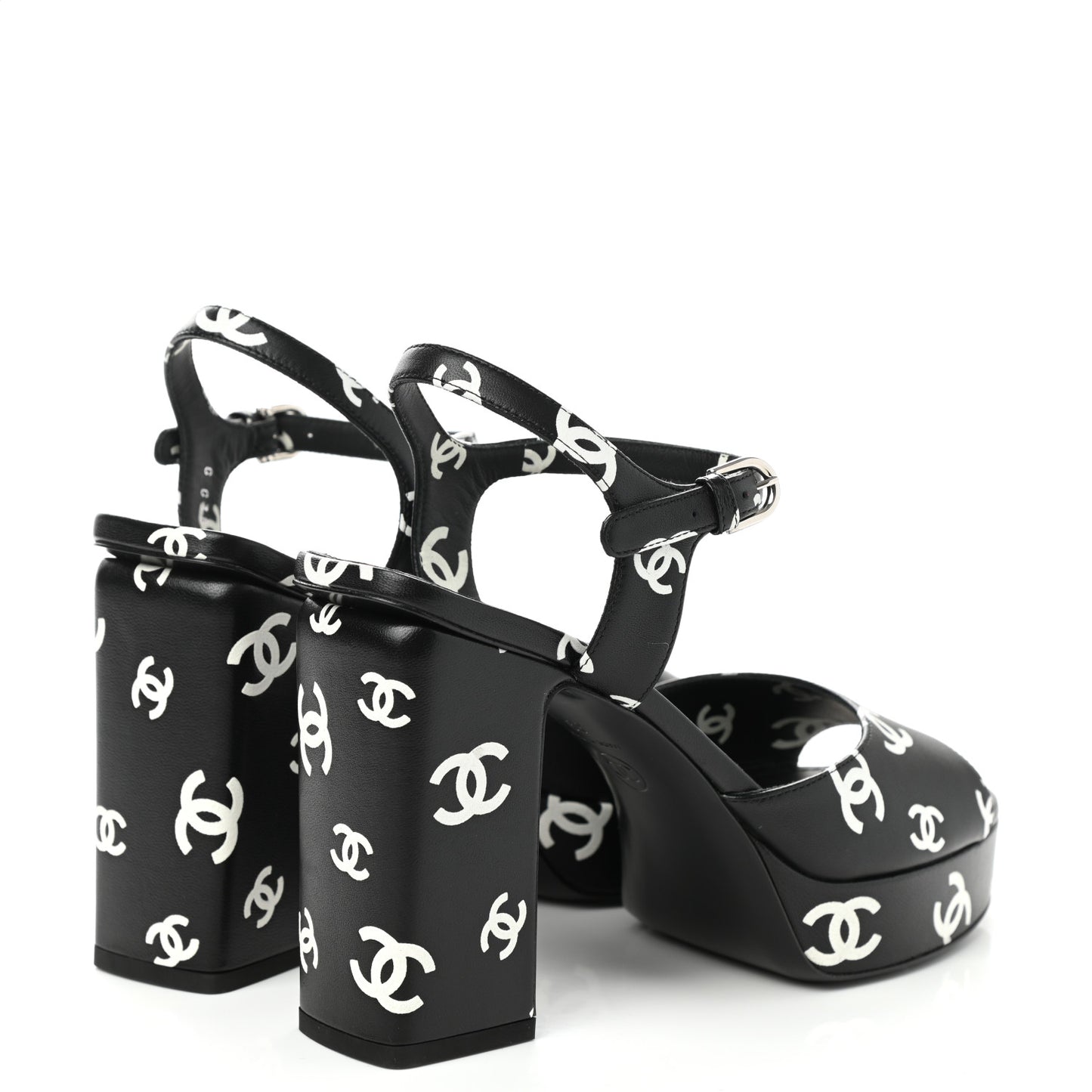 Printed Lambskin CC Platform Sandals 39 Black White