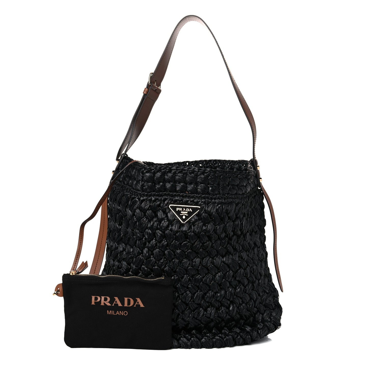 Raffia City Calf Bucket Bag Black Cognac