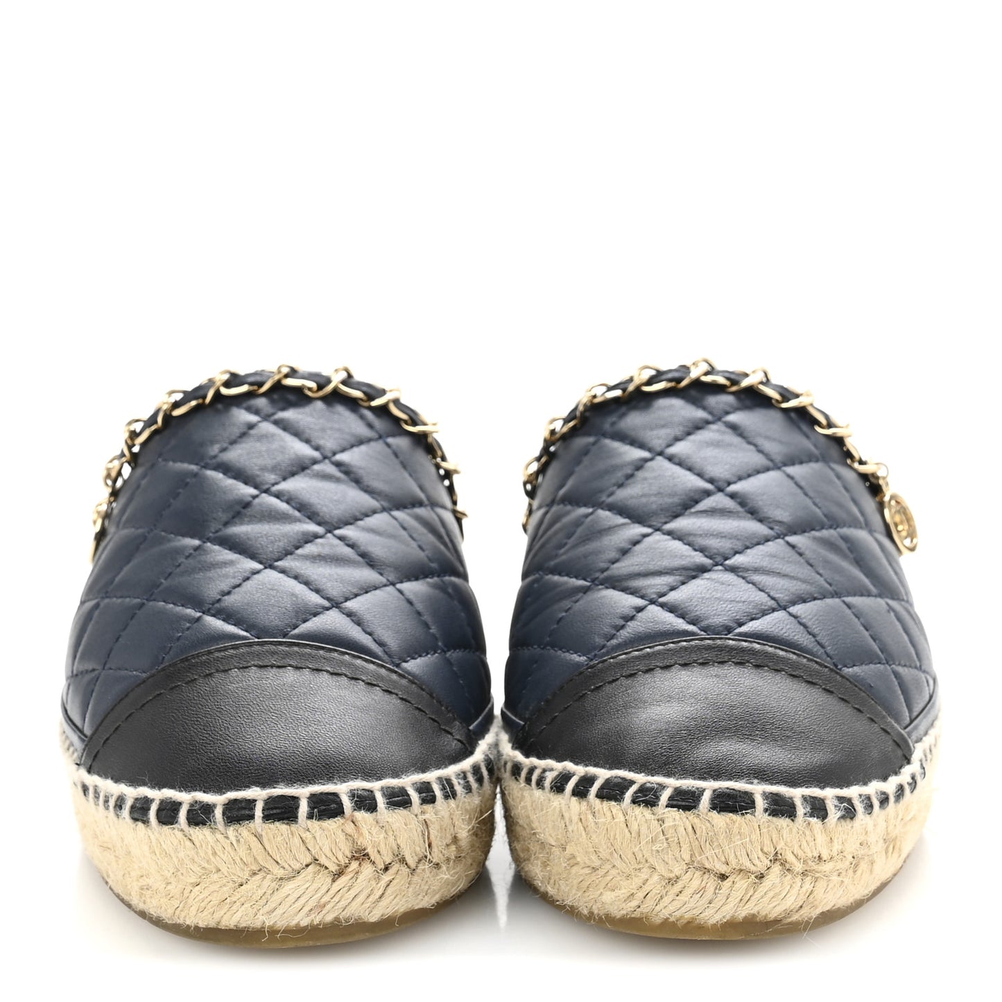Lambskin Quilted CC Chain Espadrille Mules 38 Navy Black