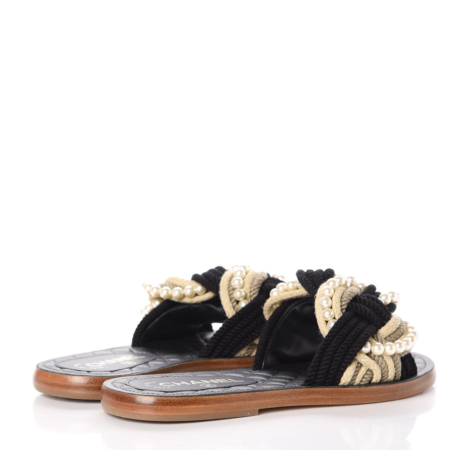 Lambskin Pearl Cord CC Mules 37 Black Beige