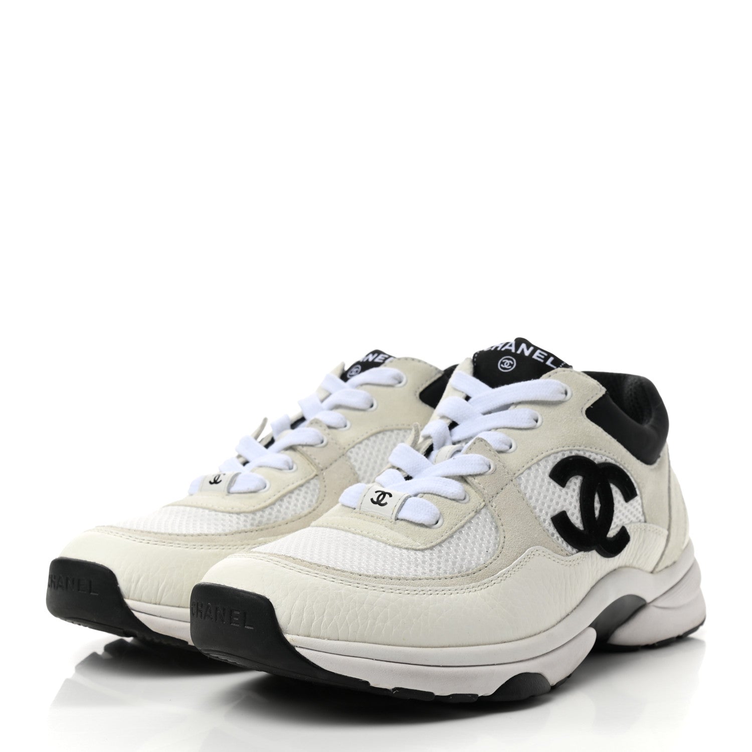 Chanel Mesh Suede Calfskin Grained Calfskin Womens CC Sneakers 39 White Black 3 of 13