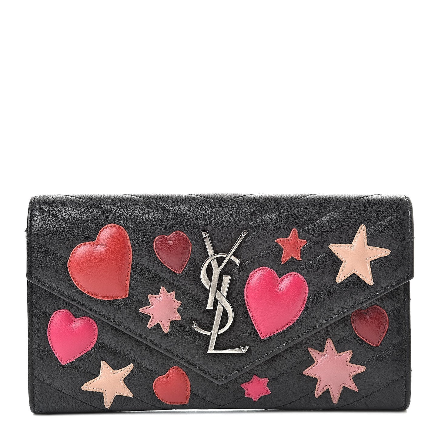 Calfskin Matelasse Chevron Heart Patchwork Monogram Wallet Black