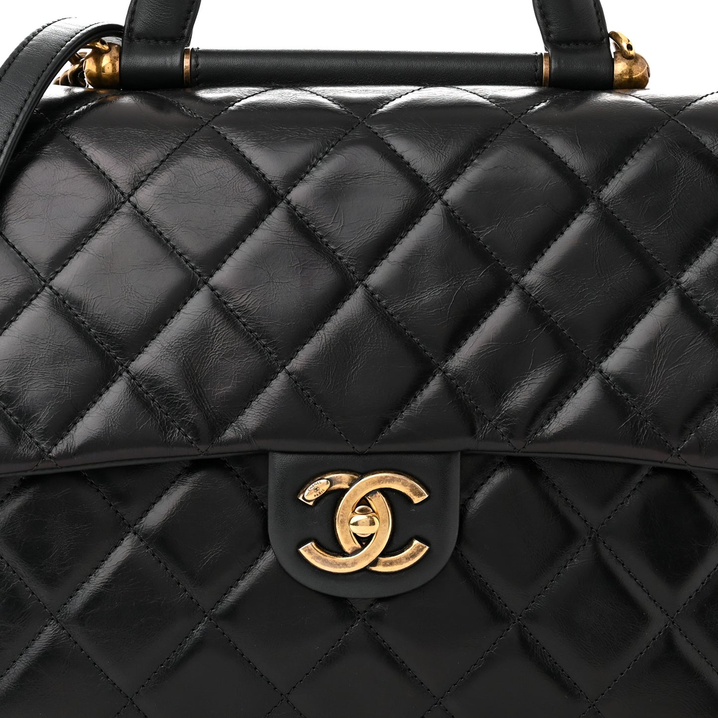 Calfskin Quilted Large Gold Bar Top Handle Flap Black