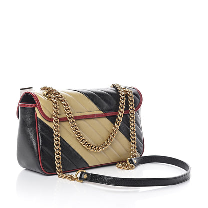Gucci Vintage Effect Calfskin Matelasse Diagonal Striped Small Torchon GG Marmont Shoulder Bag Black Beige 2 of 7