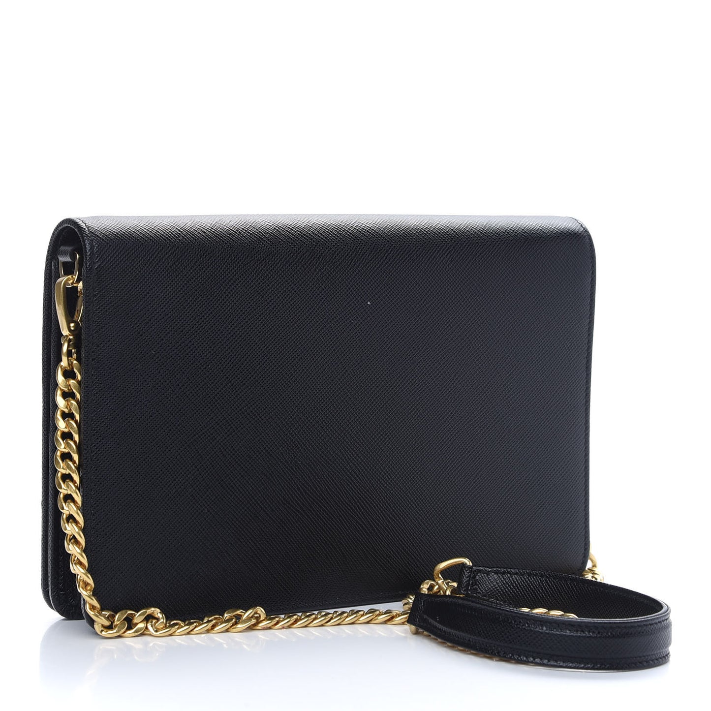 Saffiano Lux Metal Logo Chain Flap Crossbody Bag Black