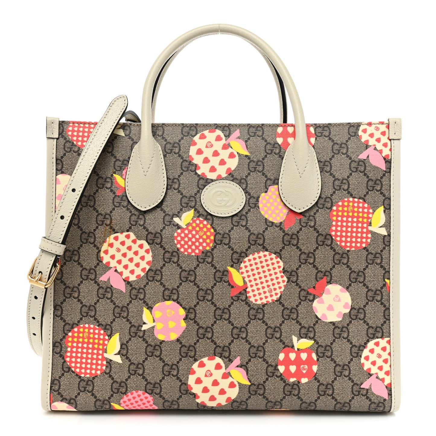 GG Supreme Monogram Textured Calfskin Les Pommes Small Retro Interlocking G Tote Bag Beige Multicolor Mystic White