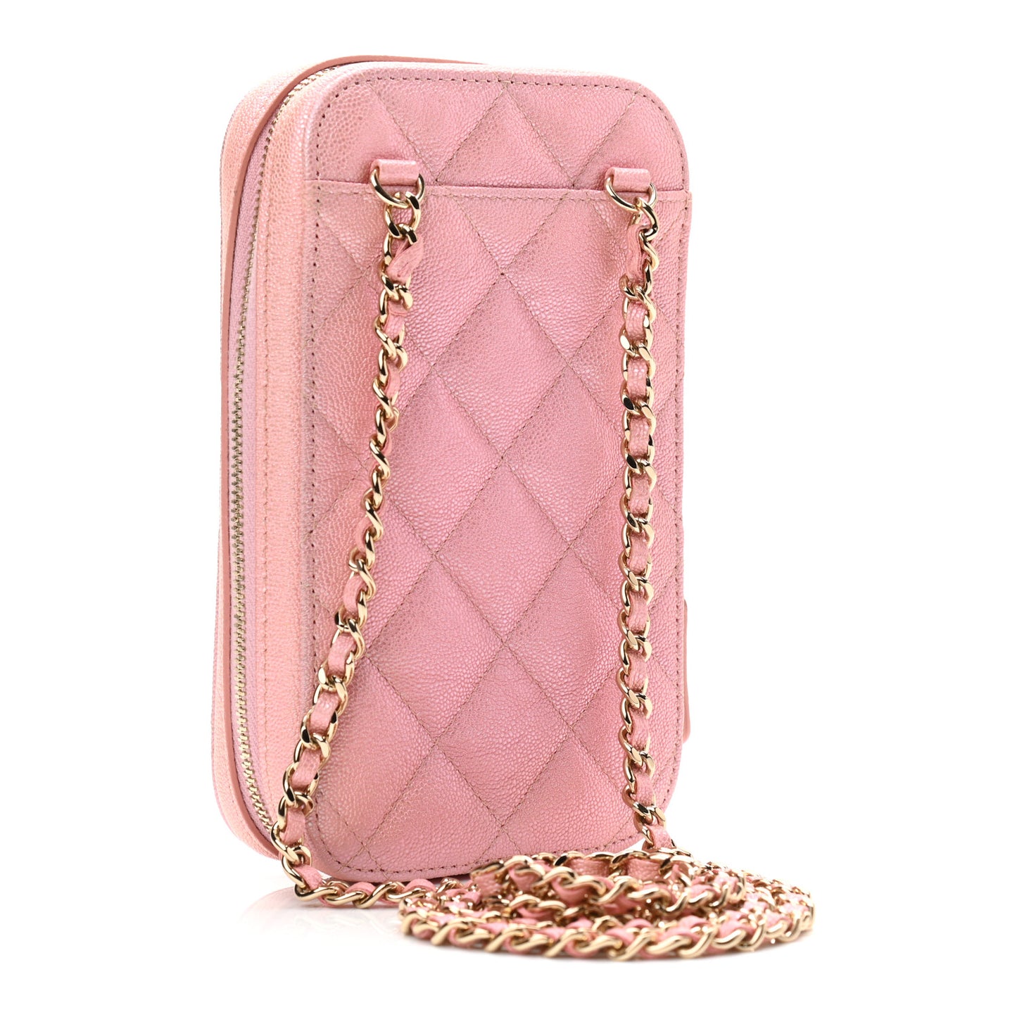 Iridescent Caviar Quilted Zip Phone Case Pink