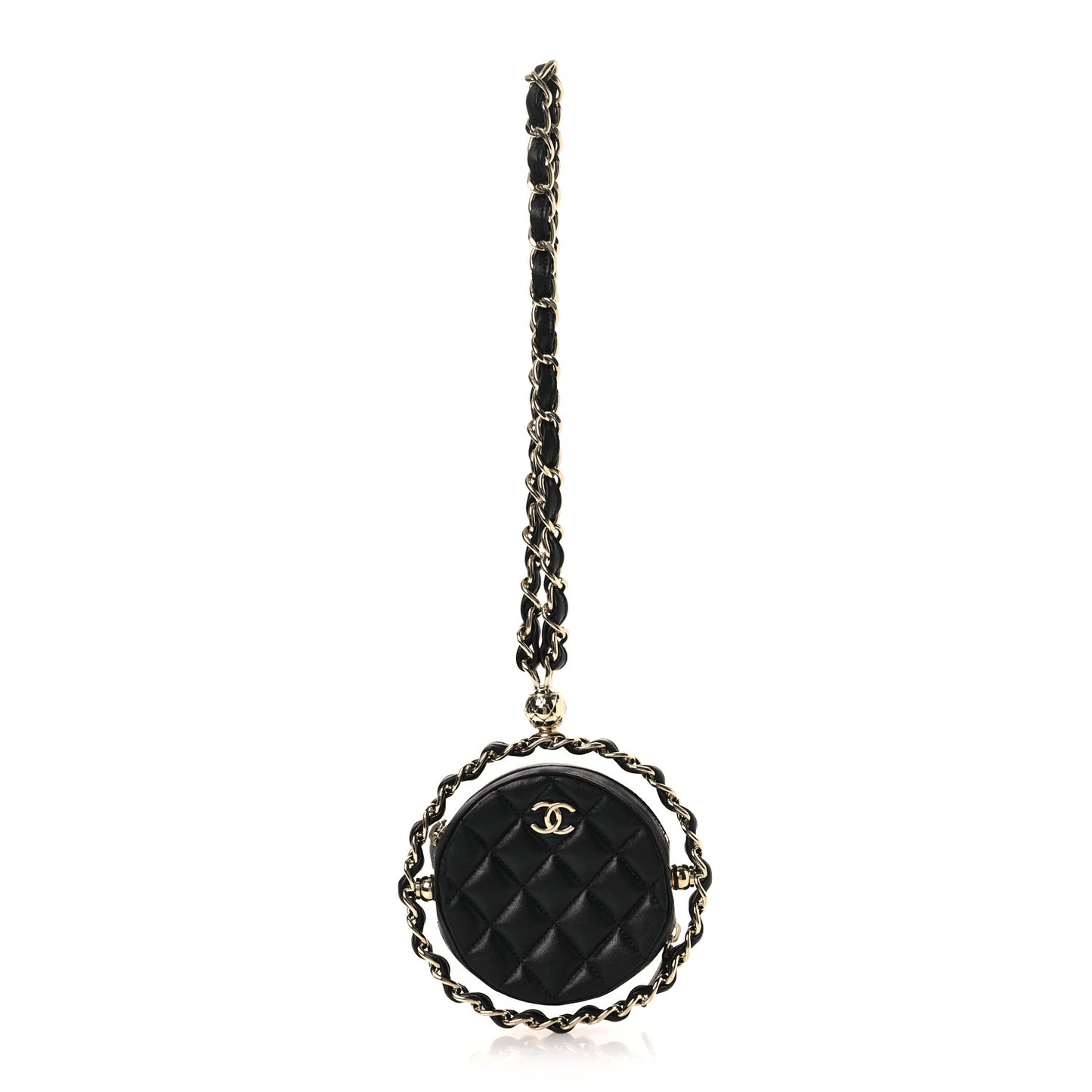 Lambskin Quilted Chain Round Mini Clutch Black
