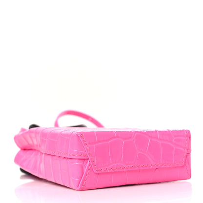 Balenciaga Shiny Calfskin Crocodile Embossed Logo Shopping Phone Holder Bag Pink Black 4 of 8