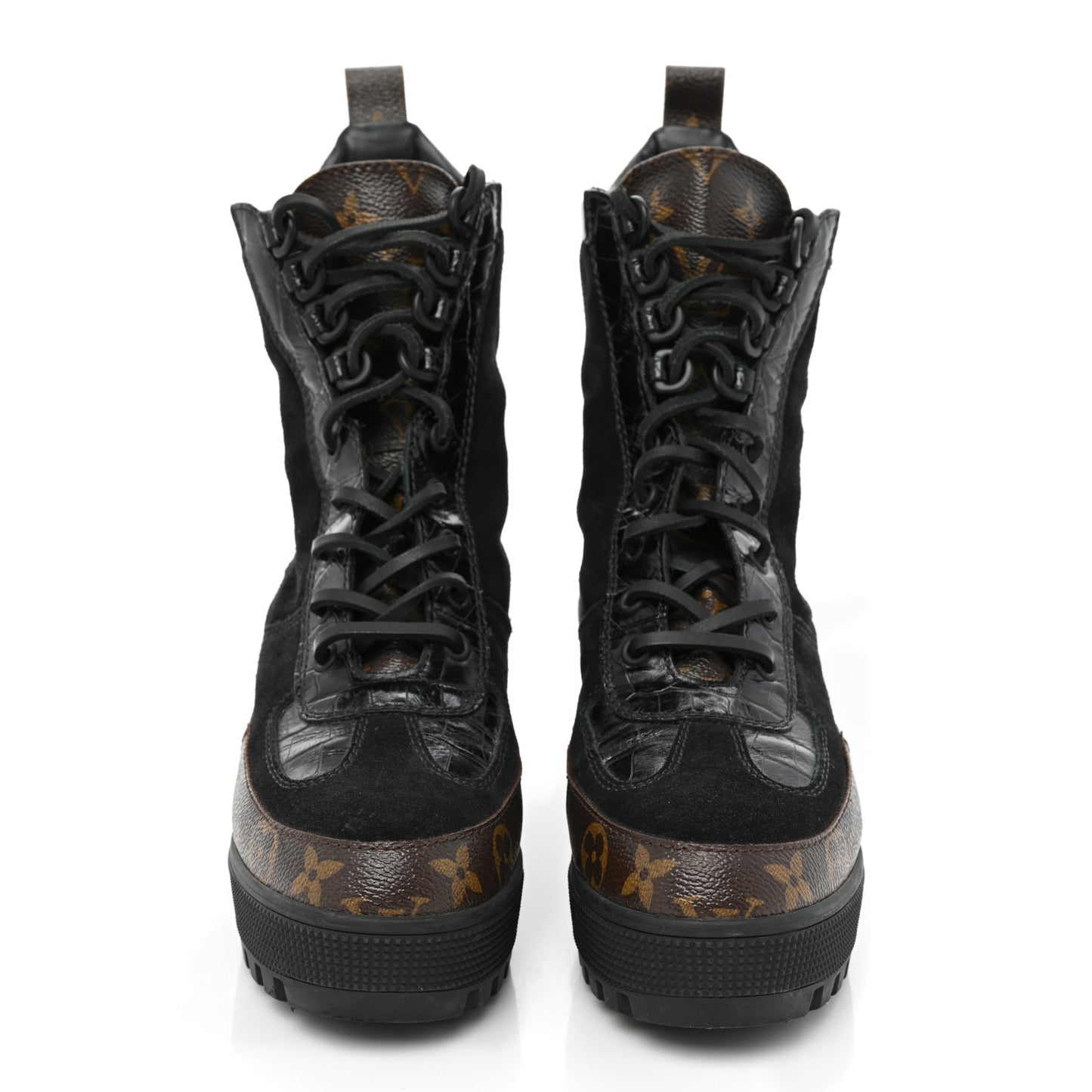 Suede Calfskin Crocodile Embossed Patent Monogram Laureate Platform Desert Boots 37 Black