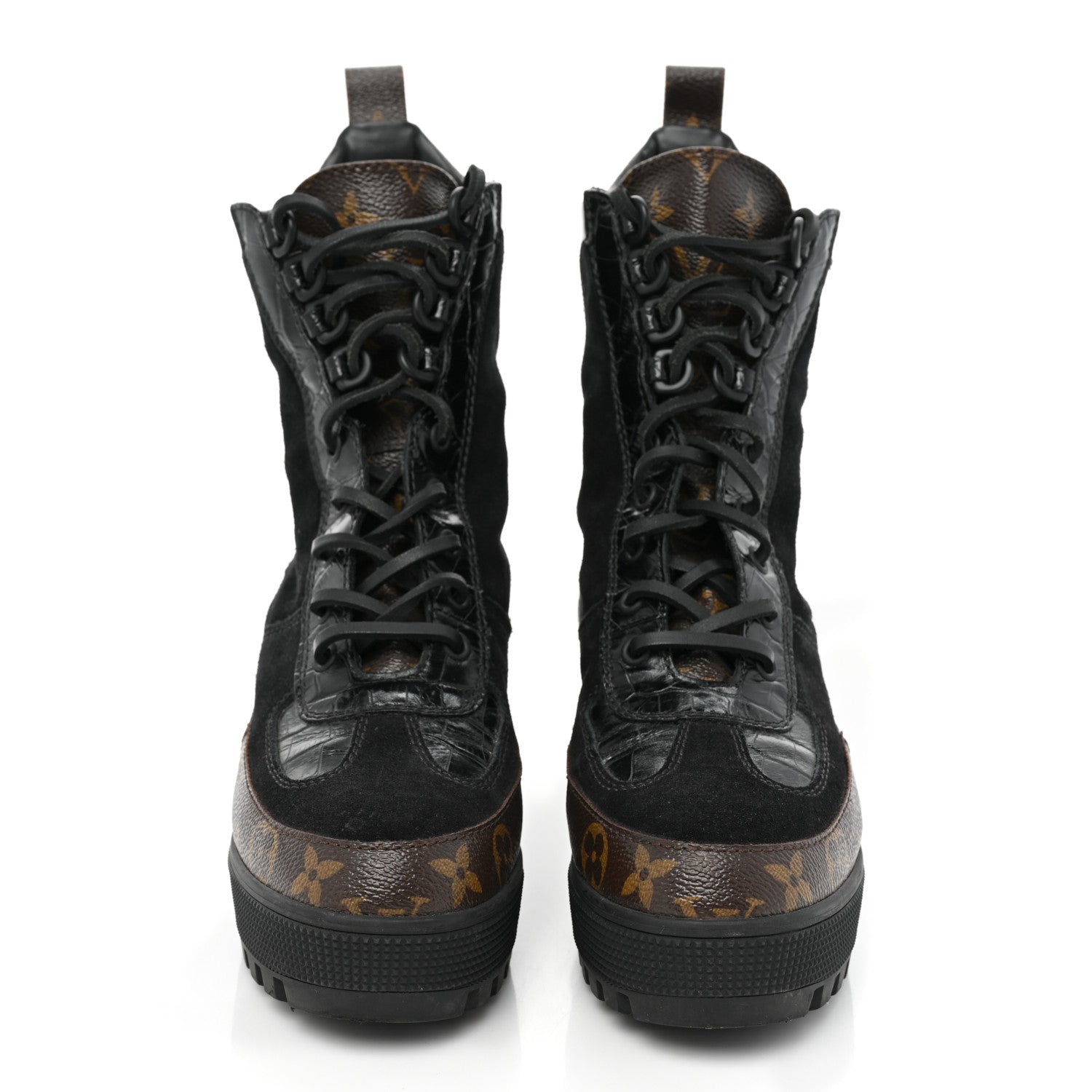 Louis Vuitton Suede Calfskin Crocodile Embossed Patent Monogram Laureate Platform Desert Boots 37 Black 2 of 14