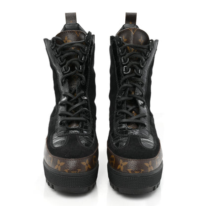 Louis Vuitton Suede Calfskin Crocodile Embossed Patent Monogram Laureate Platform Desert Boots 37 Black 2 of 14
