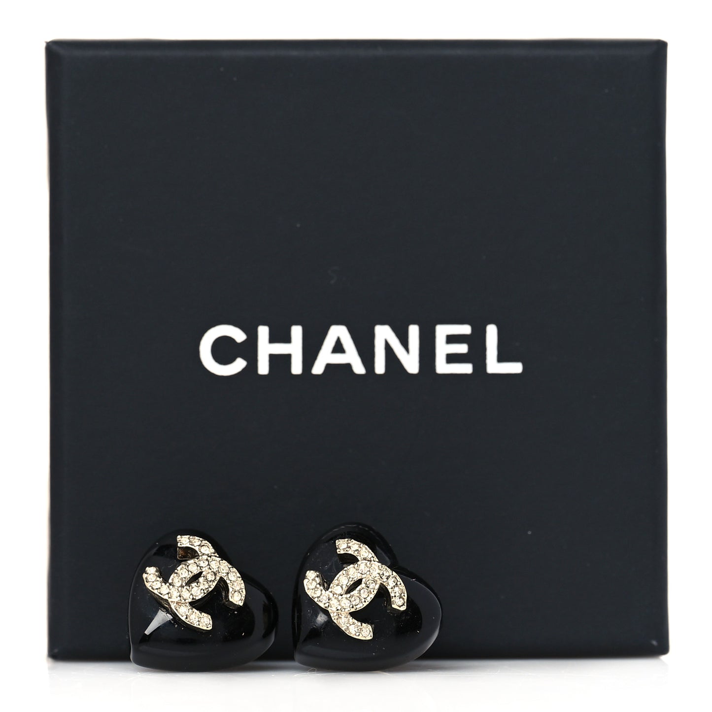 Resin Crystal CC Heart Earrings Black Gold