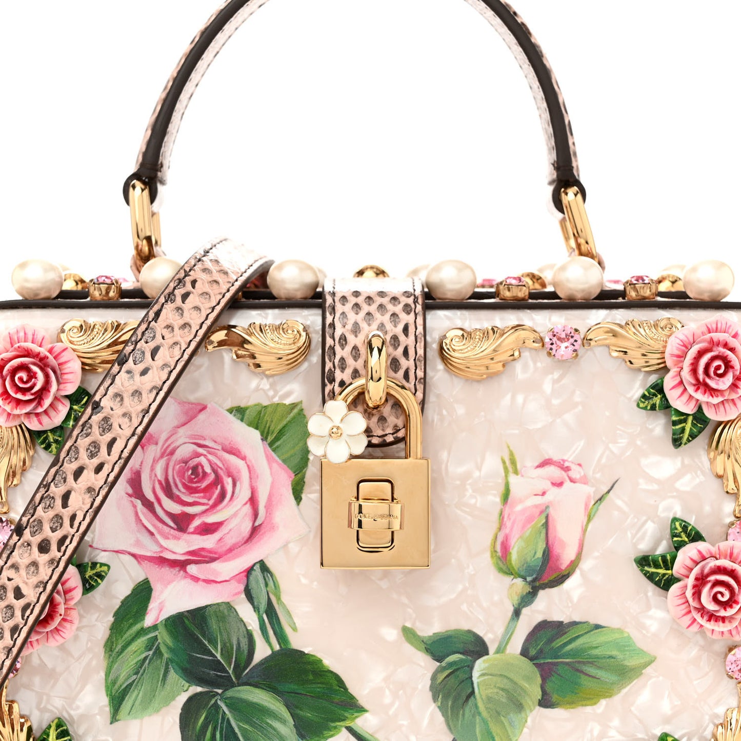 PVC Snakeskin Effect Pearl Crystal Tropical Rose Lily Box Bag Pink