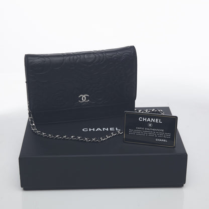 Chanel Lambskin Camellia Embossed Wallet On Chain WOC Black 8 of 9