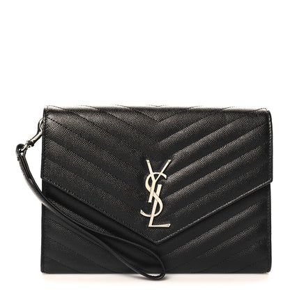 Saint Laurent Grain De Poudre Matelasse Chevron Monogram Envelope Clutch Black 1 of 7