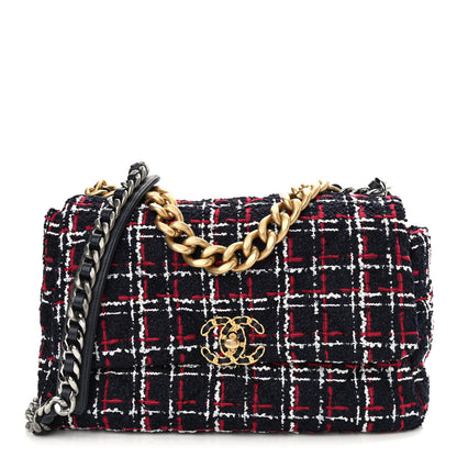 Chanel Tweed Quilted Large Chanel 19 Flap Navy Blue White Red 1 of 10