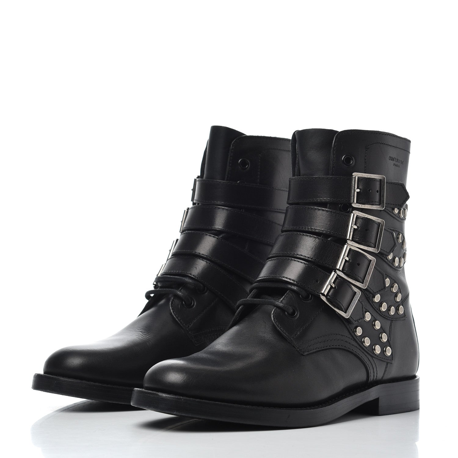 Saint Laurent Smooth Calfskin Studded Strap Rangers Boots 37.5 Black 3 of 16